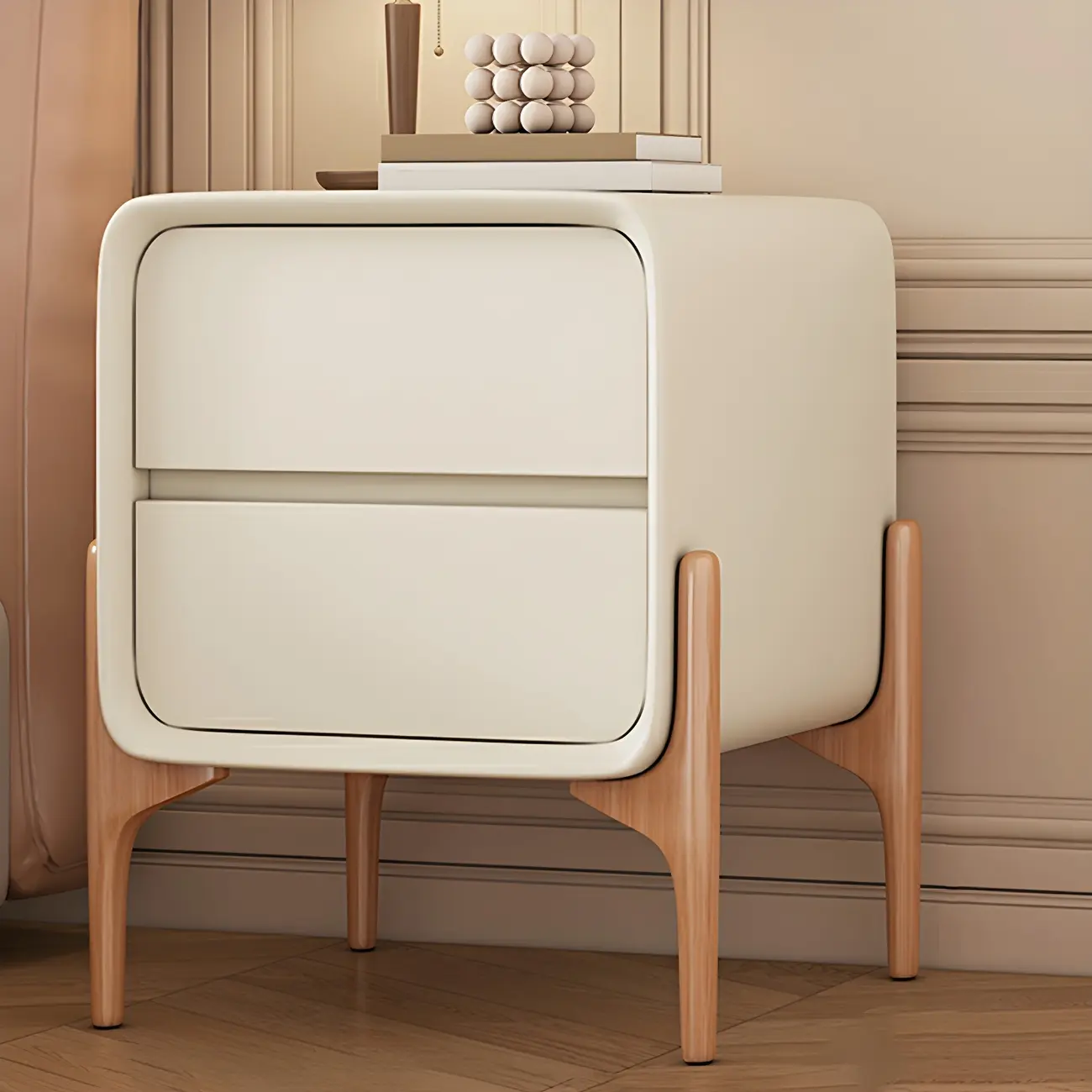 Simple Curved Wooden Faux Leather 2 Drawer Nightstand Image - 1 | homeyfad