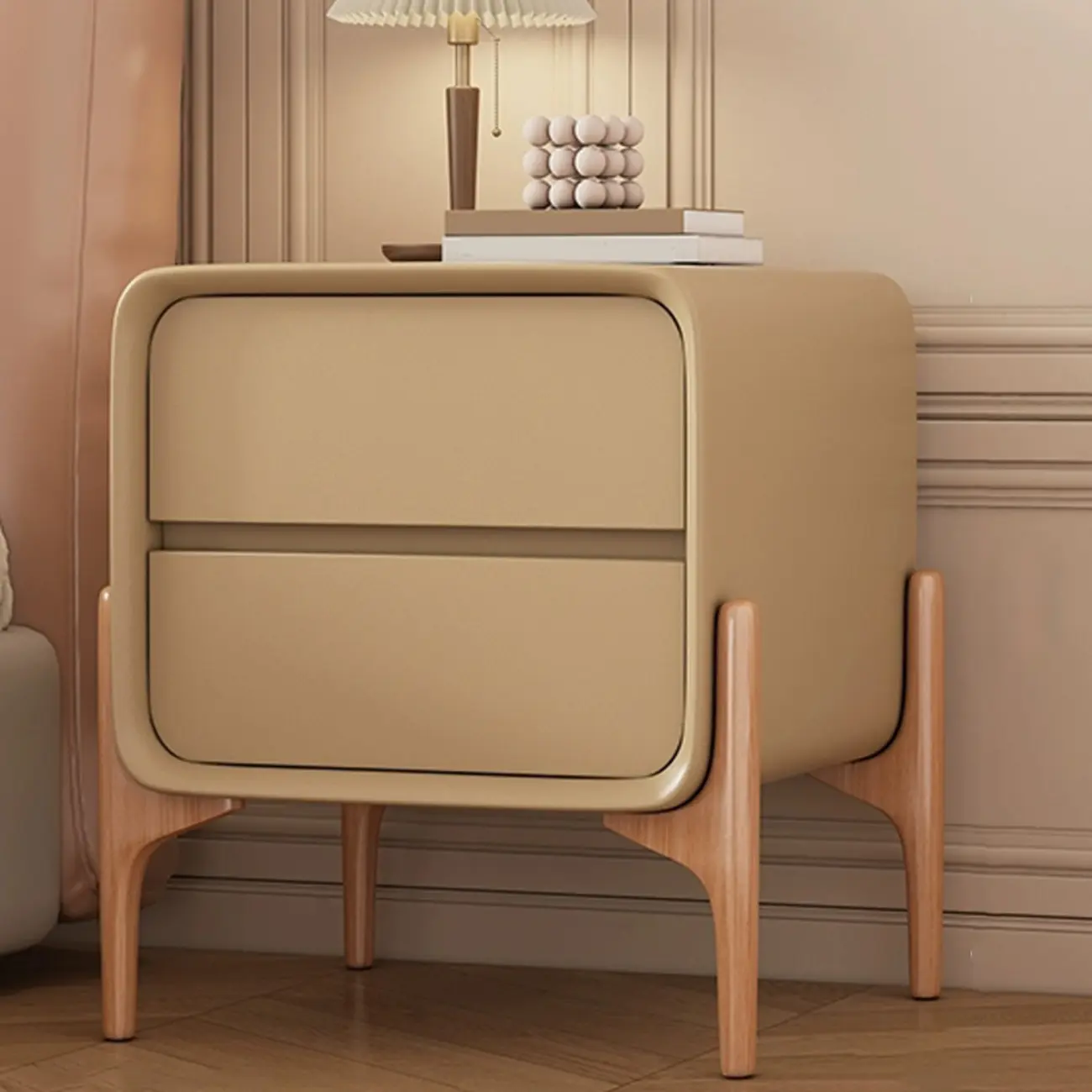 Simple Curved Wooden Faux Leather 2 Drawer Nightstand Image - 2 | homeyfad