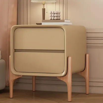 Simple Curved Wooden Faux Leather 2 Drawer Nightstand Image - 2