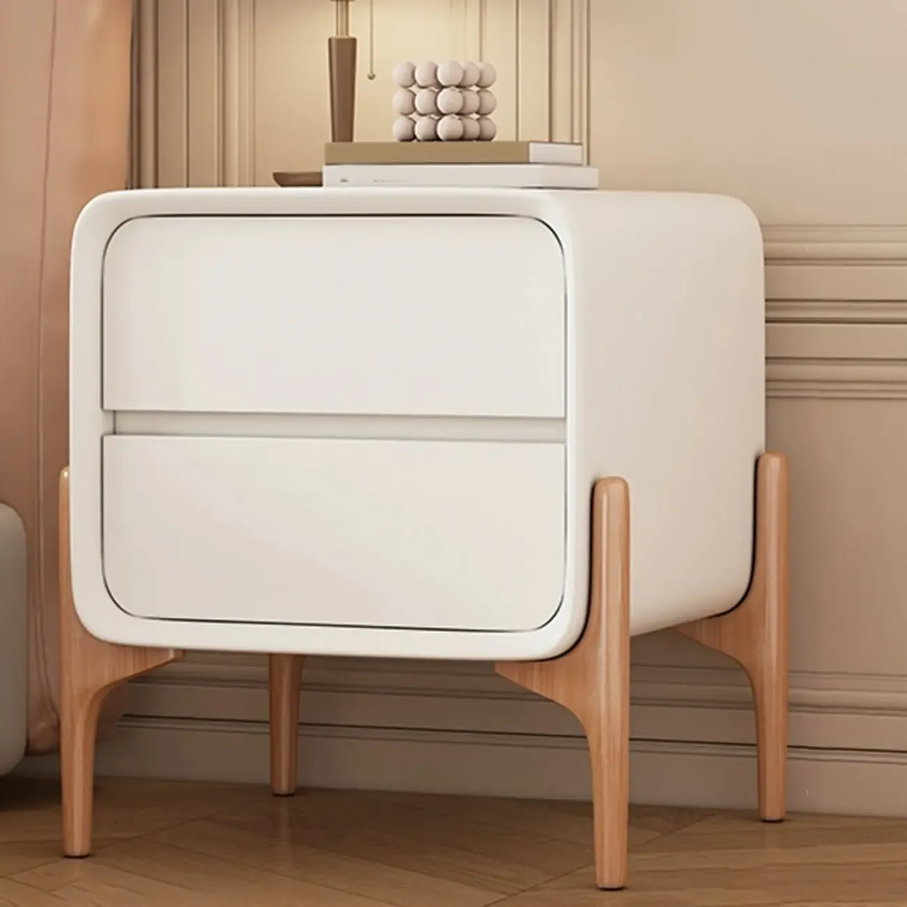 Simple Curved Wooden Faux Leather 2 Drawer Nightstand Image - 3