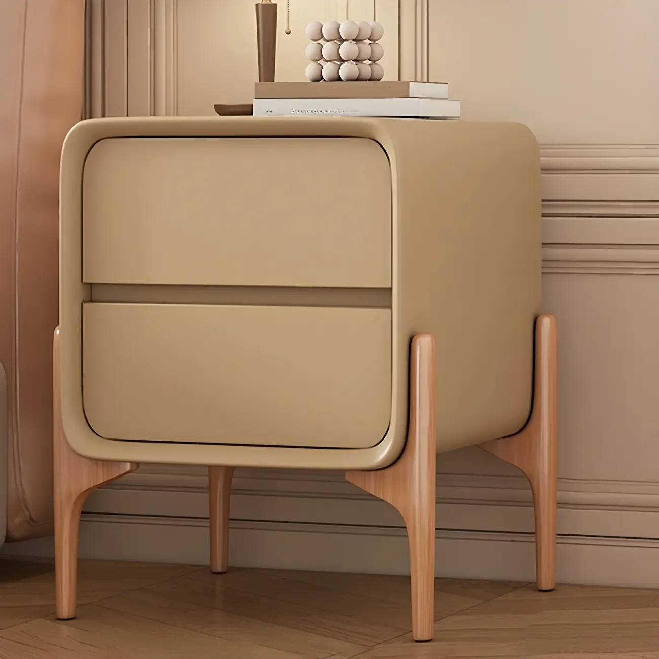 Simple Curved Wooden Faux Leather 2 Drawer Nightstand Image - 4