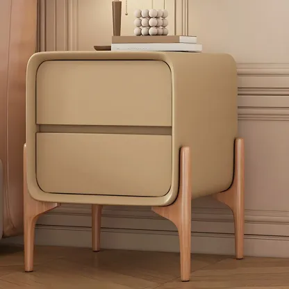 Simple Curved Wooden Faux Leather 2 Drawer Nightstand Image - 4