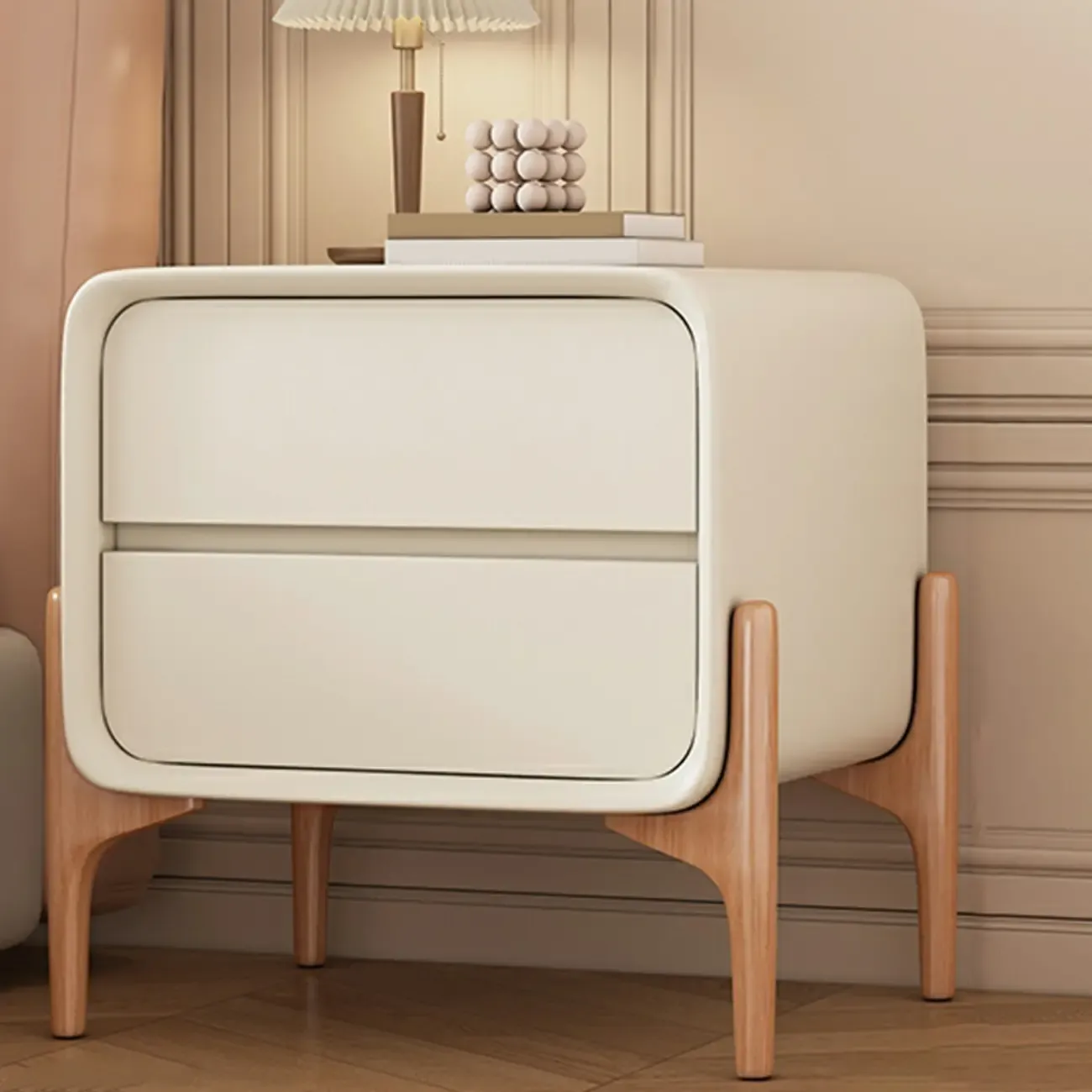 Simple Curved Wooden Faux Leather 2 Drawer Nightstand Image - 5