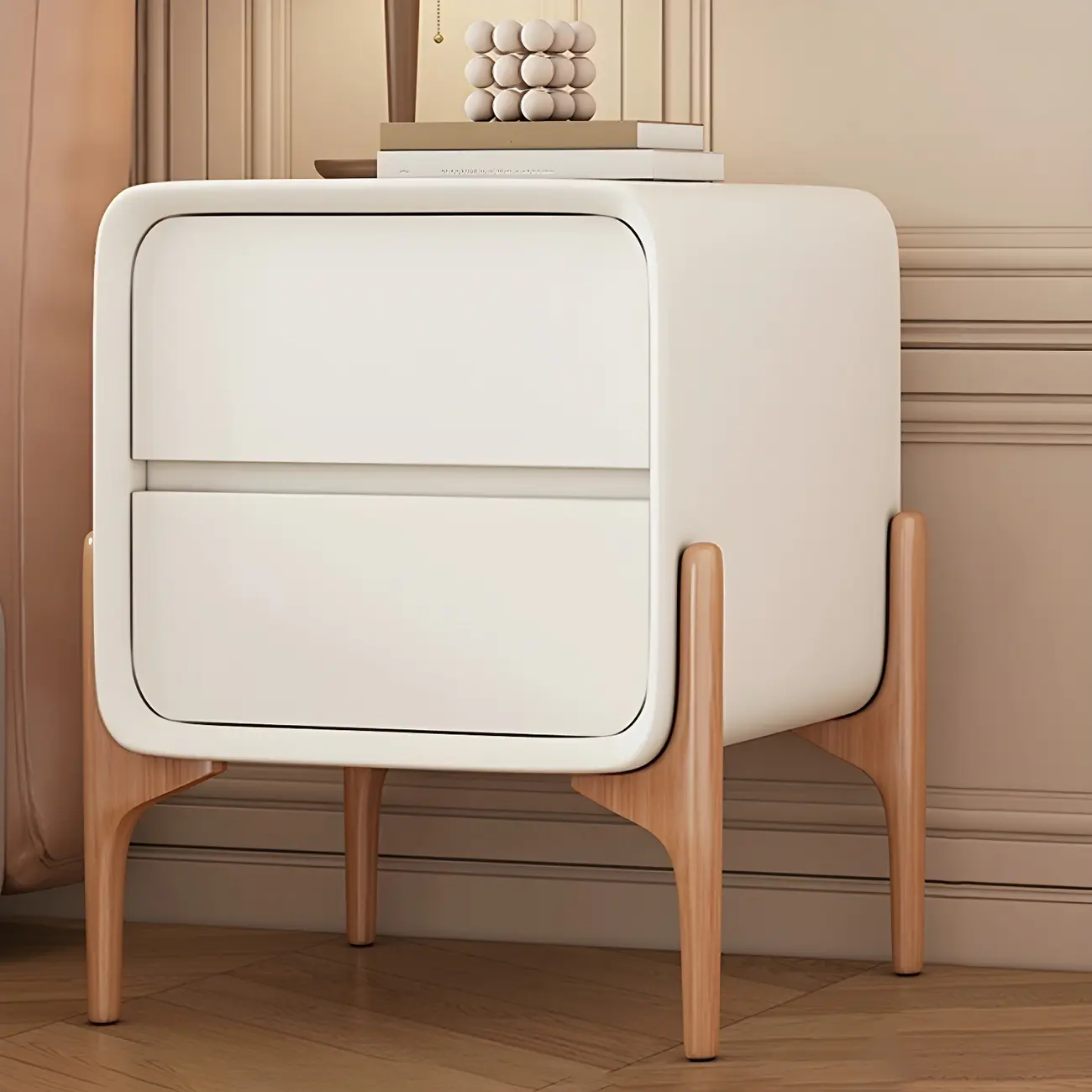 Simple Curved Wooden Faux Leather 2 Drawer Nightstand Image - 6 | homeyfad