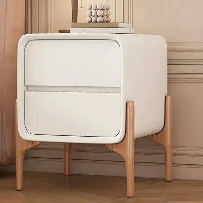Simple Curved Wooden Faux Leather 2 Drawer Nightstand Image - 6