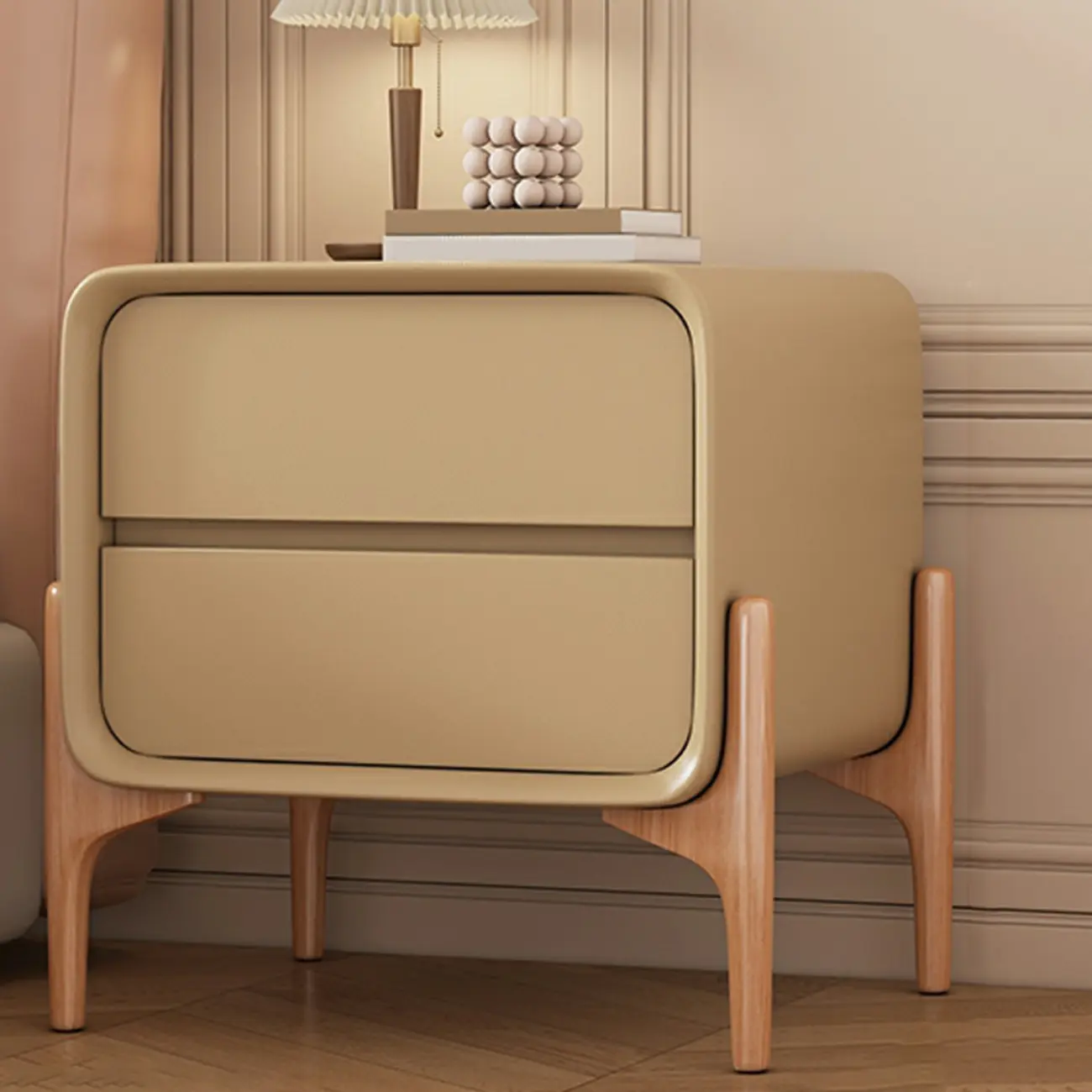 Simple Curved Wooden Faux Leather 2 Drawer Nightstand Image - 7 | homeyfad