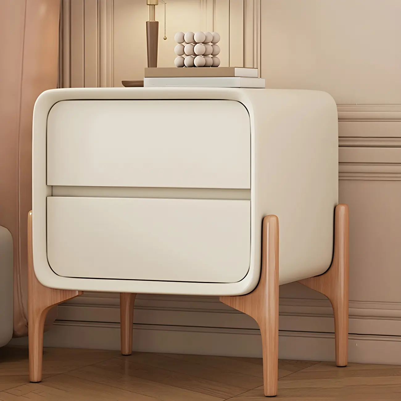 Simple Curved Wooden Faux Leather 2 Drawer Nightstand Image - 8 | homeyfad