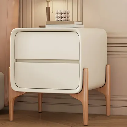 Simple Curved Wooden Faux Leather 2 Drawer Nightstand Image - 8