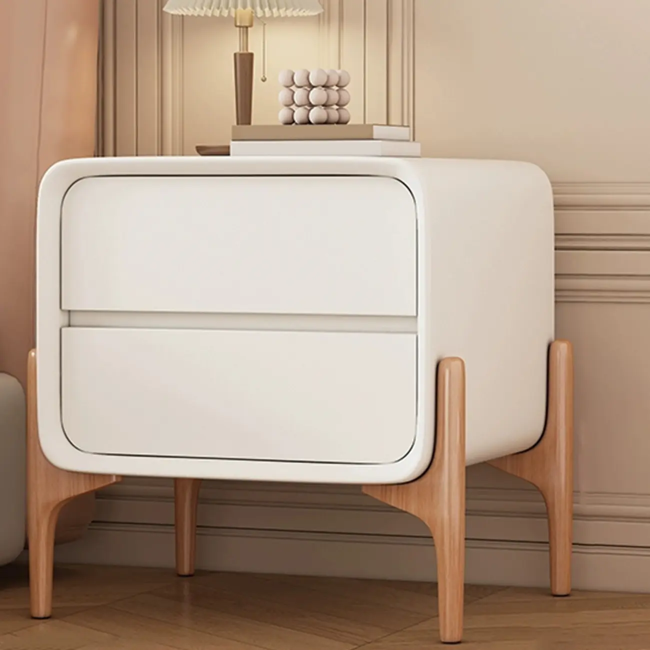 Simple Curved Wooden Faux Leather 2 Drawer Nightstand Image - 9 | homeyfad