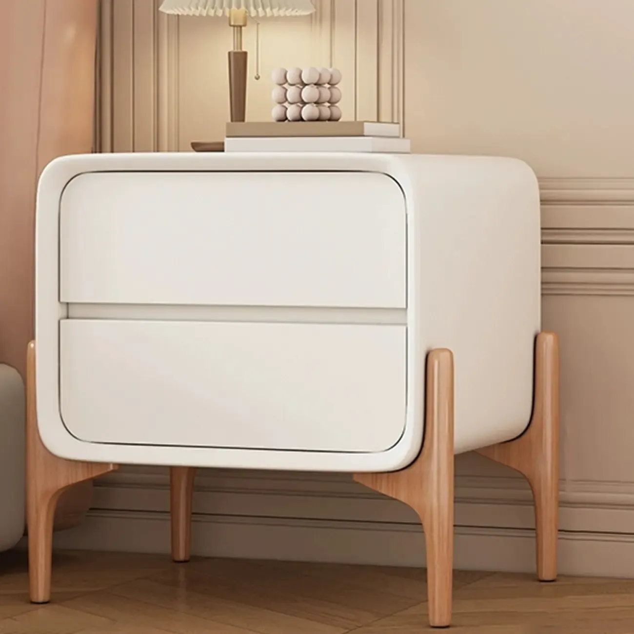 Simple Curved Wooden Faux Leather 2 Drawer Nightstand Image - 9