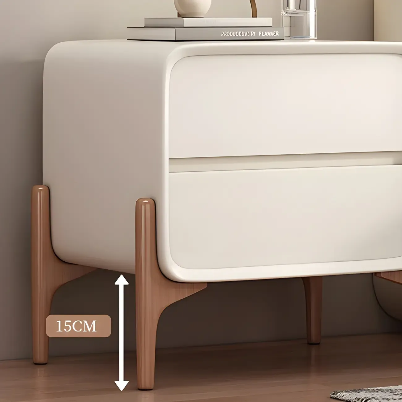 Simple Curved Wooden Faux Leather 2 Drawer Nightstand Image - 13