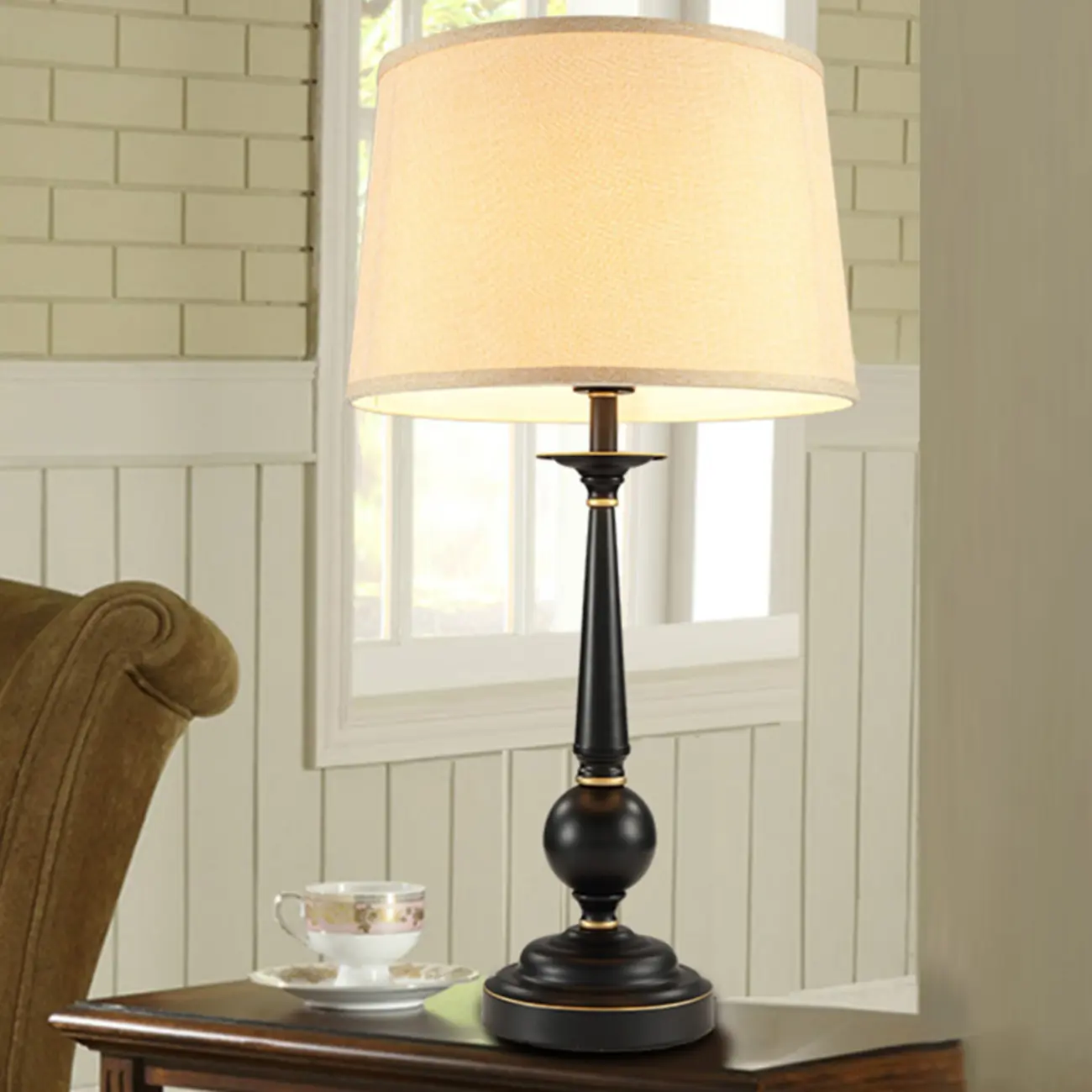 Traditional Fabric Shade Black Metal Standard Table Lamp Image - 3 | homeyfad