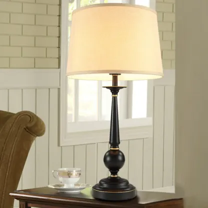 Traditional Fabric Shade Black Metal Standard Table Lamp Image - 3