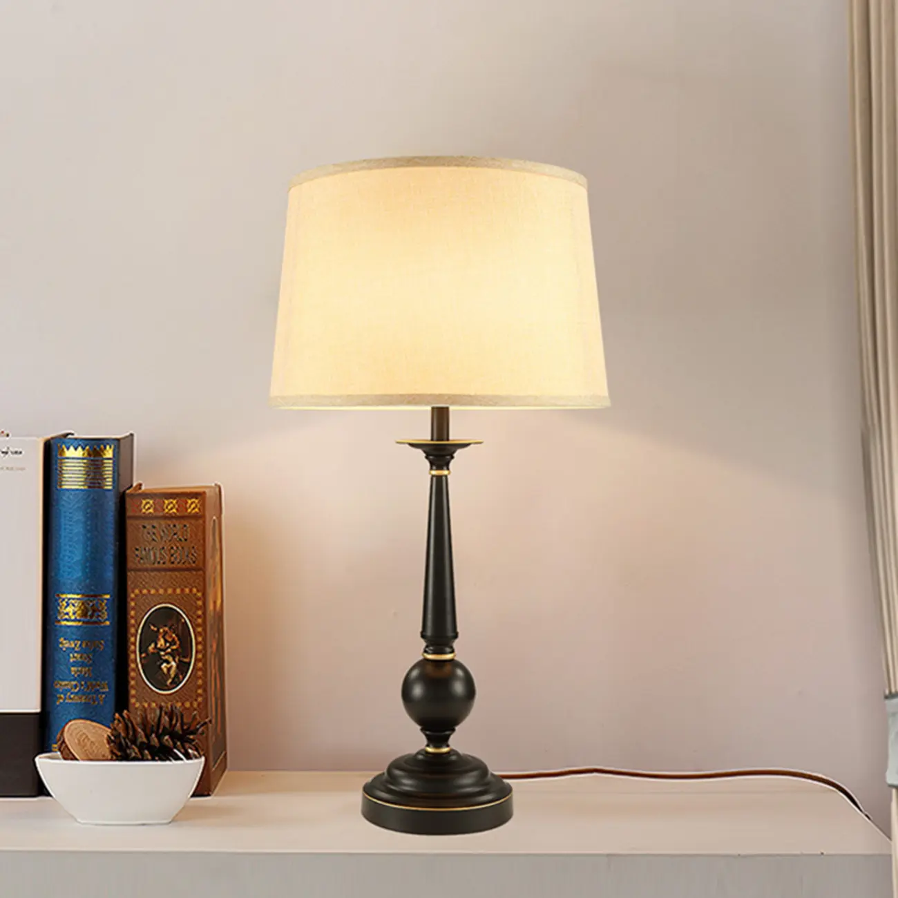 Traditional Fabric Shade Black Metal Standard Table Lamp Image - 4 | homeyfad