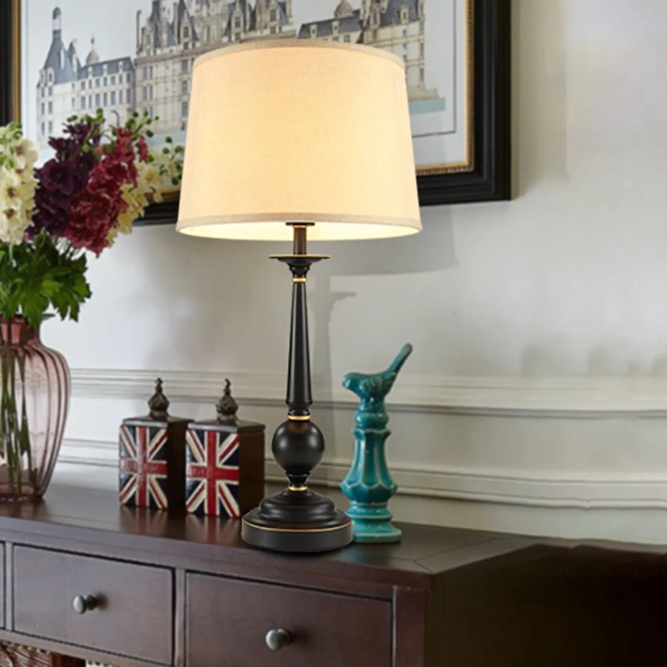 Traditional Fabric Shade Black Metal Standard Table Lamp Image - 2 | homeyfad