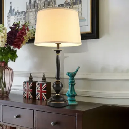 Traditional Fabric Shade Black Metal Standard Table Lamp Image - 2
