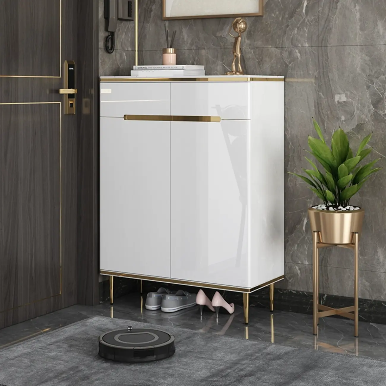 Glam Grey Solid Wood Entryway Shoe Storage Cabinet Image - 2 | homeyfad