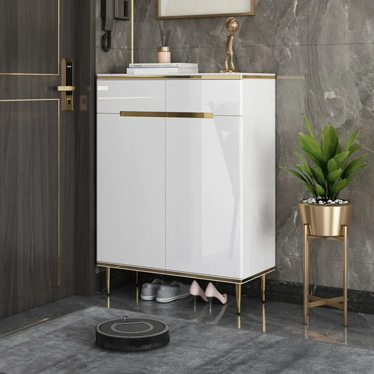 Glam Grey Solid Wood Entryway Shoe Storage Cabinet Image - 2