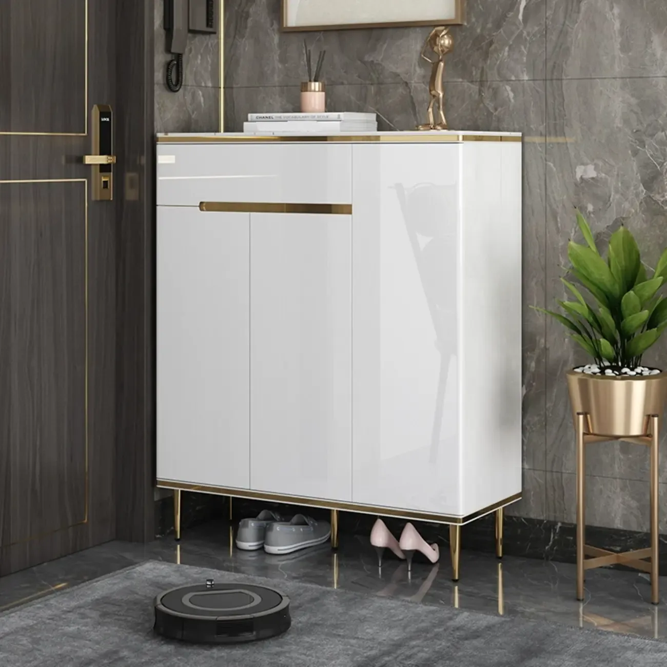 Glam Grey Solid Wood Entryway Shoe Storage Cabinet Image - 4