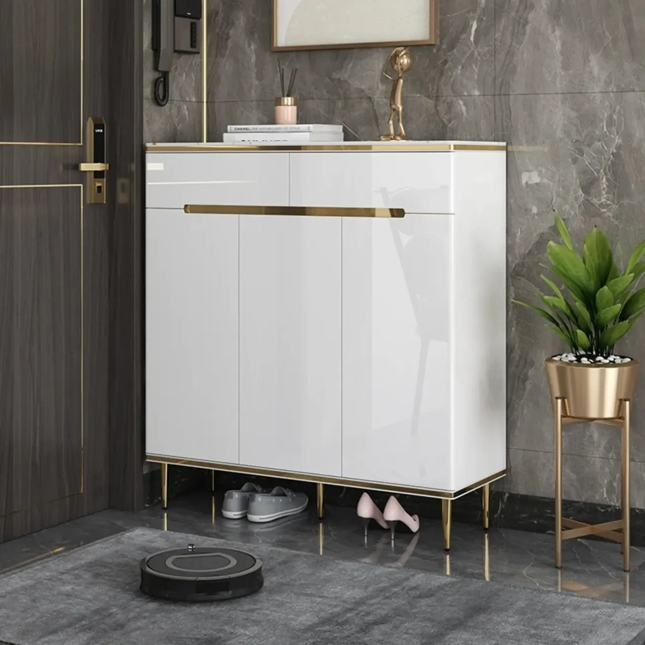 Glam Grey Solid Wood Entryway Shoe Storage Cabinet Image - 5