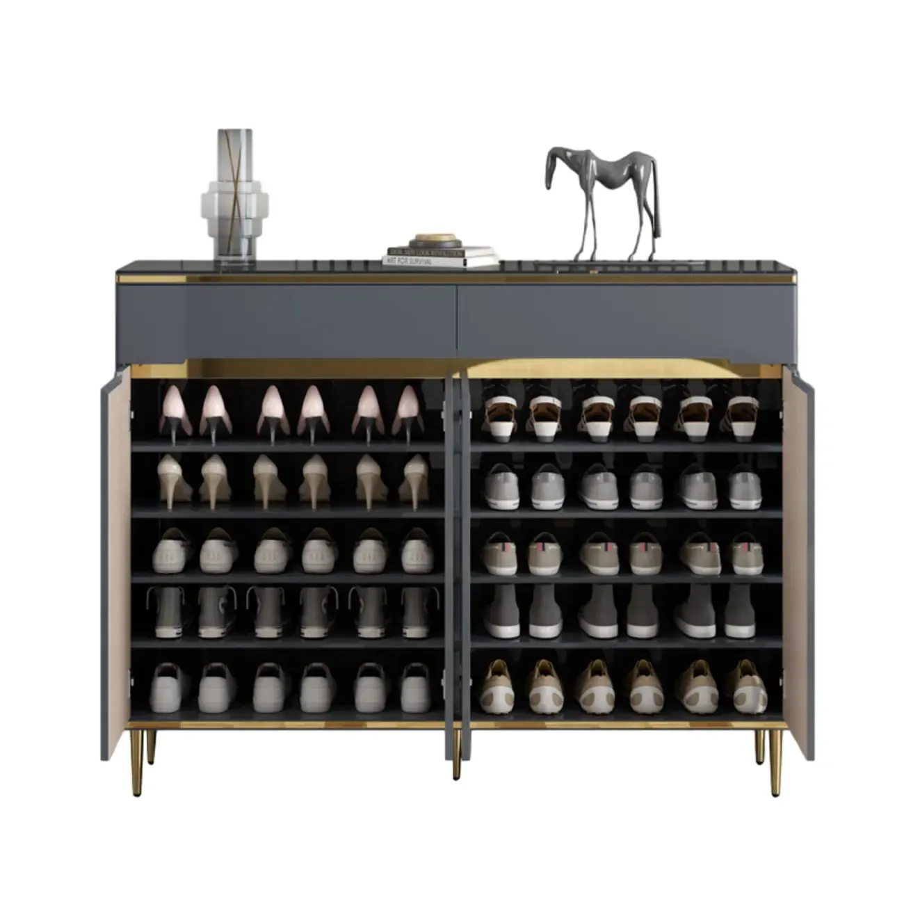 Glam Grey Solid Wood Entryway Shoe Storage Cabinet Image - 18