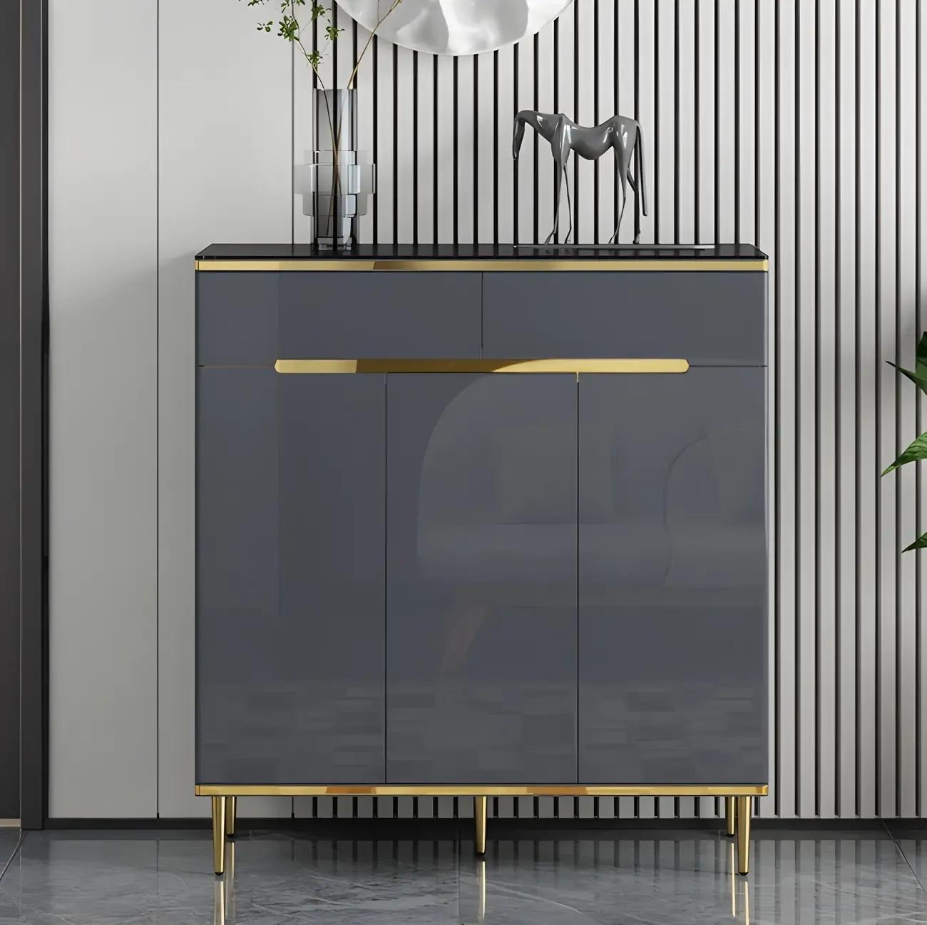 Glam Grey Solid Wood Entryway Shoe Storage Cabinet Image - 11