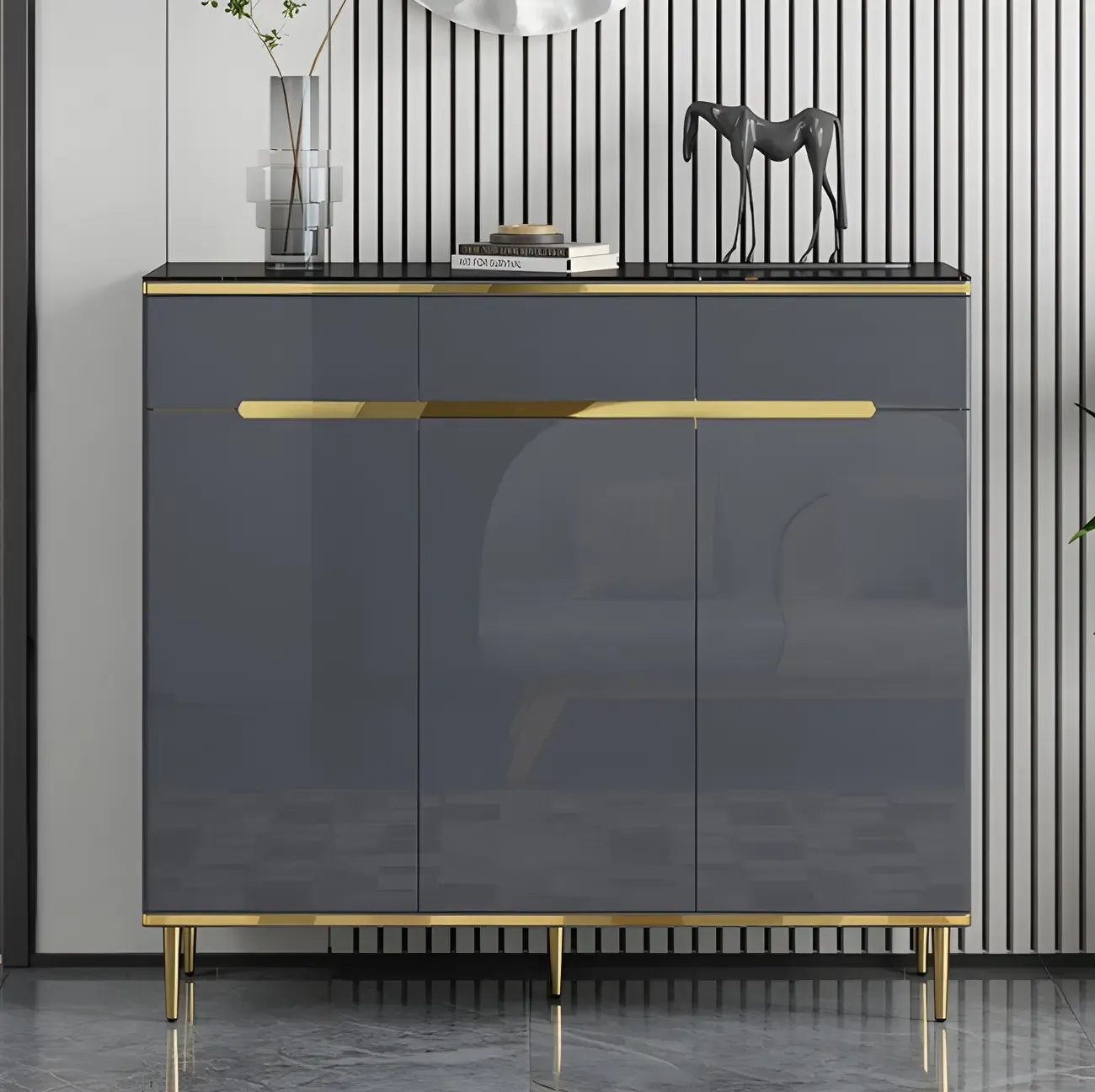 Glam Grey Solid Wood Entryway Shoe Storage Cabinet Image - 12