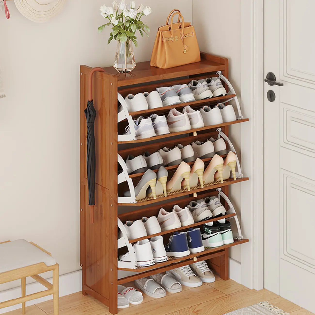 Bohemian Tan Solid Wood Shoe Cabinet for Entryway Image - 1 | homeyfad