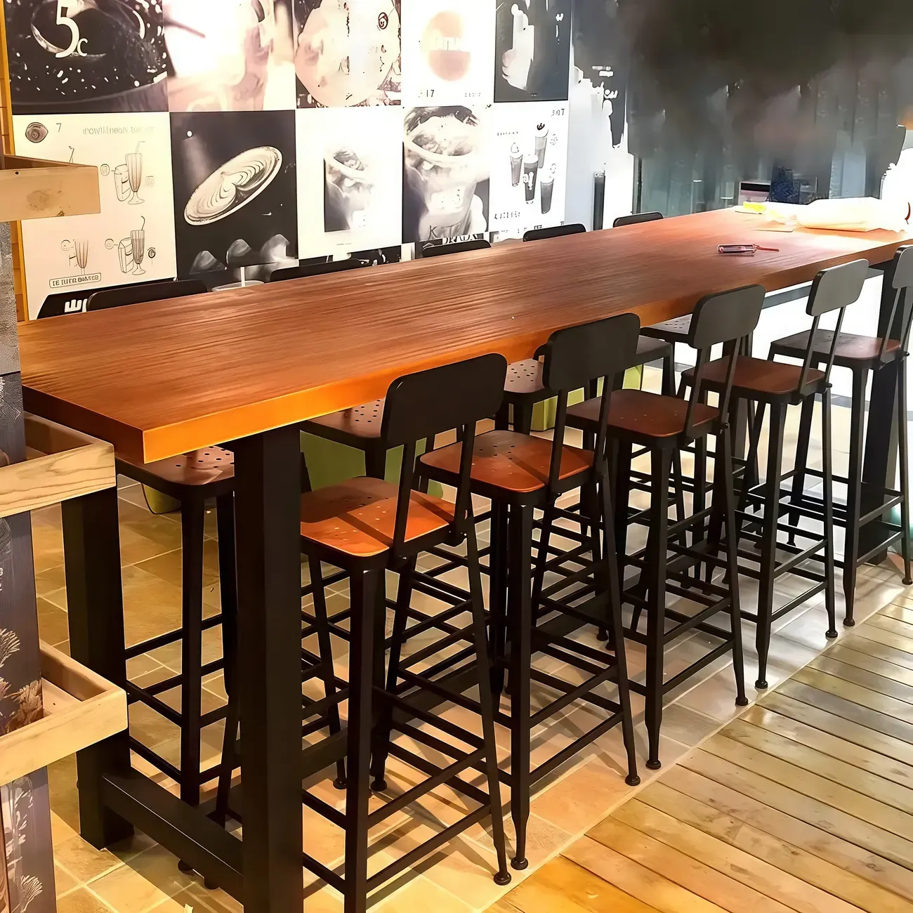 Rectangular Brown Wood Metal Long Bar Table with Footrest | HomeyFad