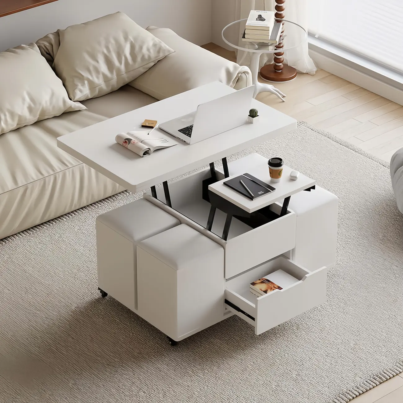 Foldable Lift-Top Coffee Table with 4 Stools & Storage Image - 1 | homeyfad