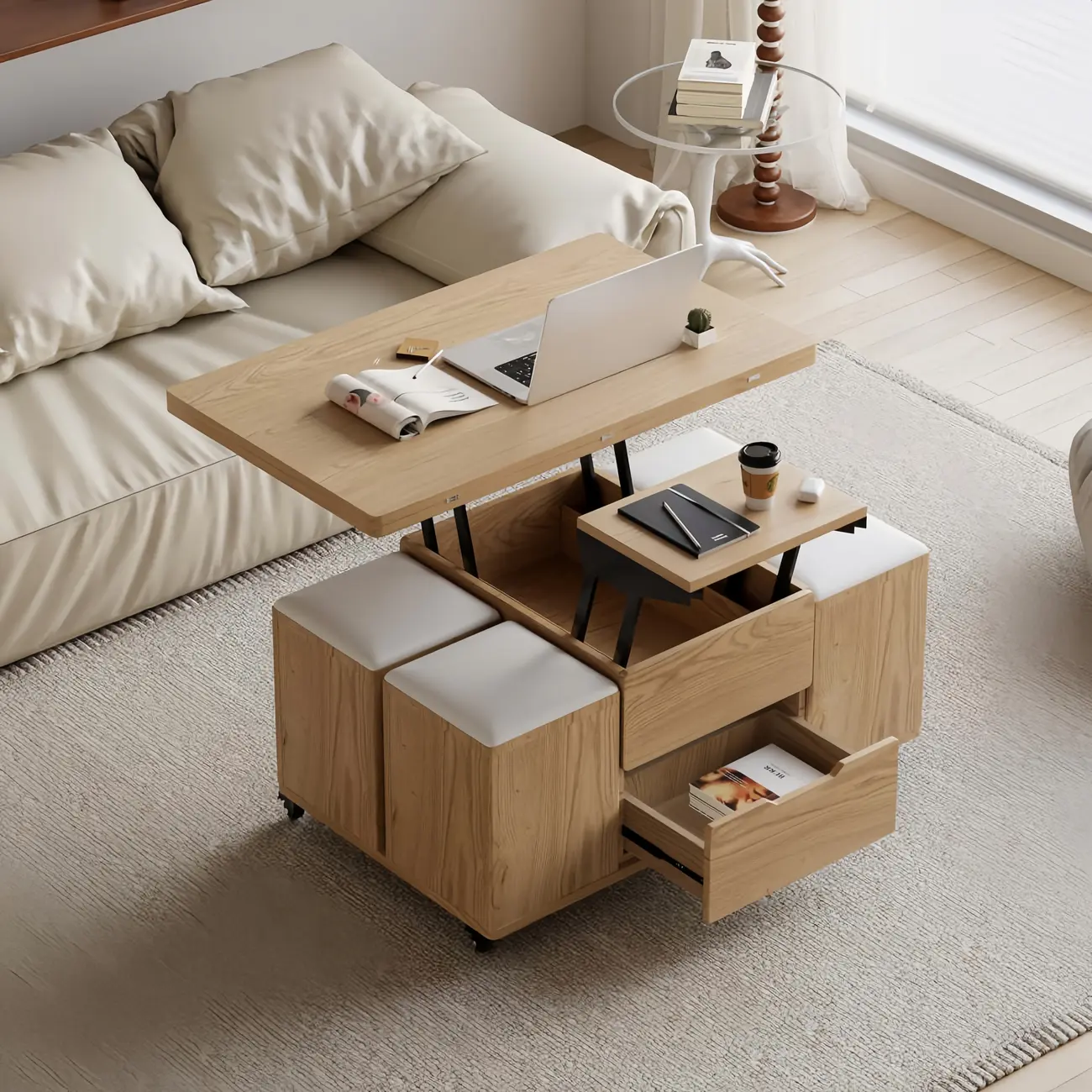 Foldable Lift-Top Coffee Table with 4 Stools & Storage Image - 12 | homeyfad