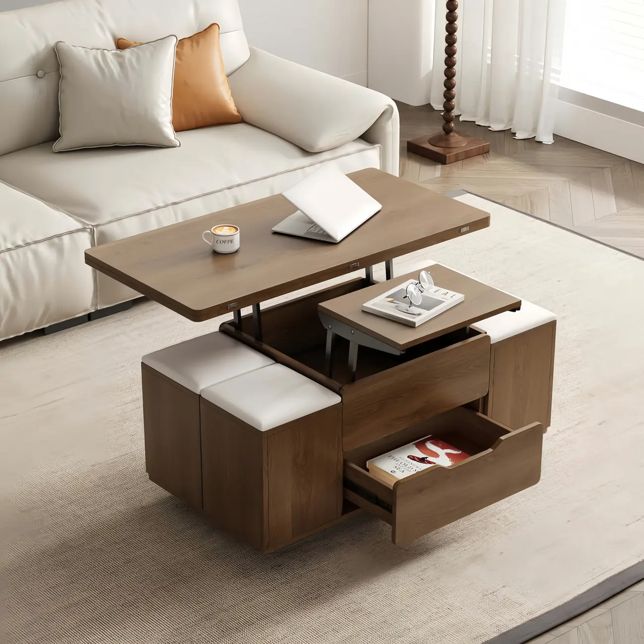 Foldable Lift-Top Coffee Table with 4 Stools & Storage Image - 11 | homeyfad