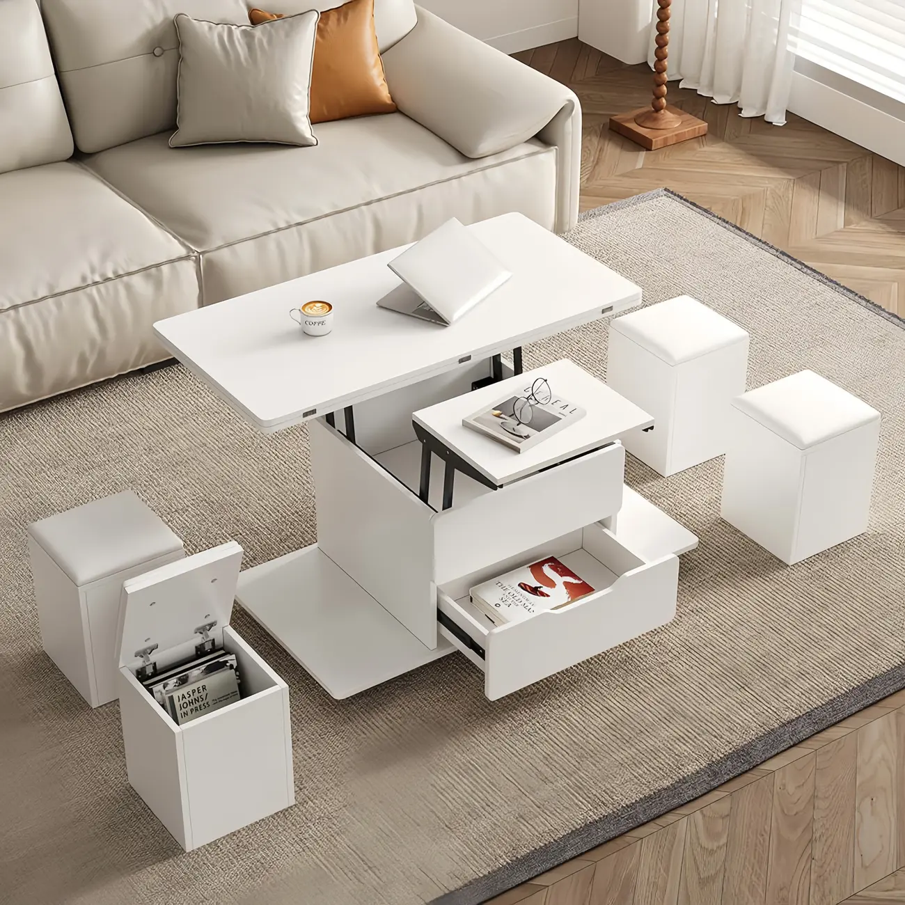 Foldable Lift-Top Coffee Table with 4 Stools & Storage Image - 3 | homeyfad