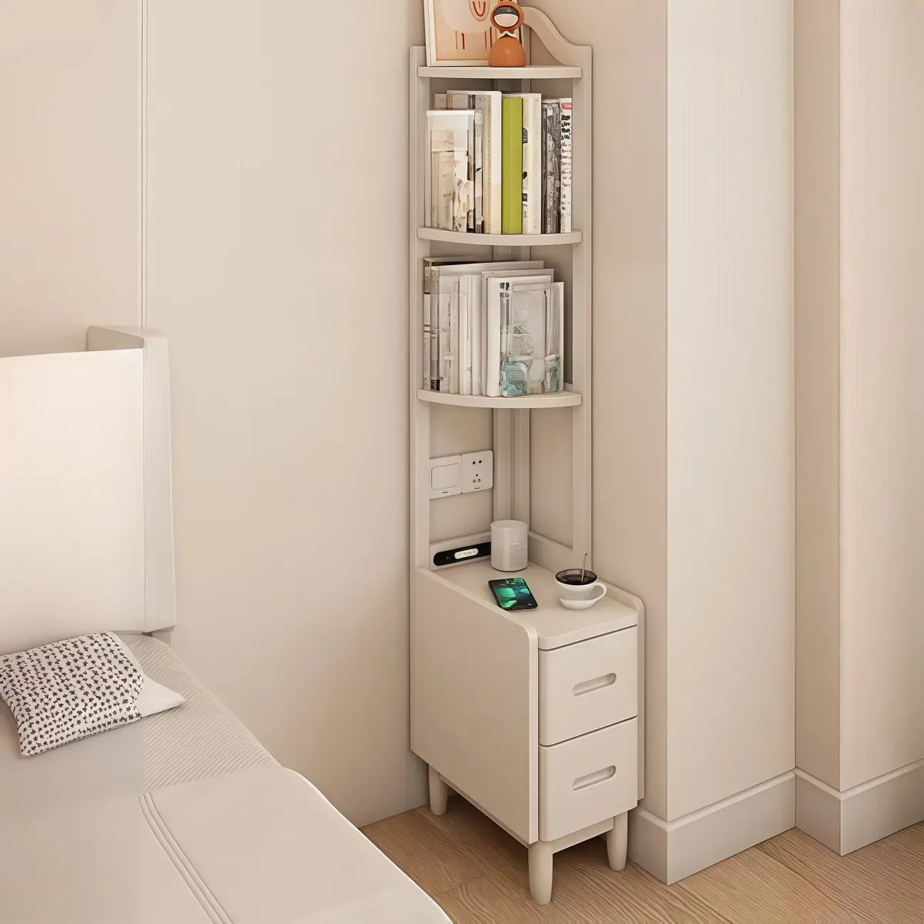 Narrow Tall Brown Wood Corner Shelf Bedside Table with Drawer Image - 1 | homeyfad