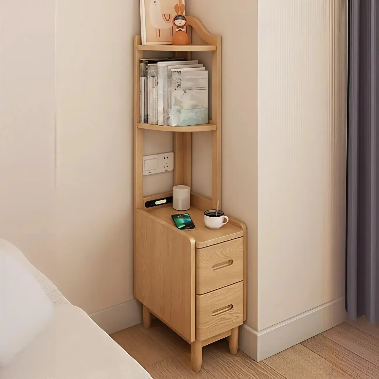 Narrow Tall Brown Wood Corner Shelf Bedside Table with Drawer Image - 7