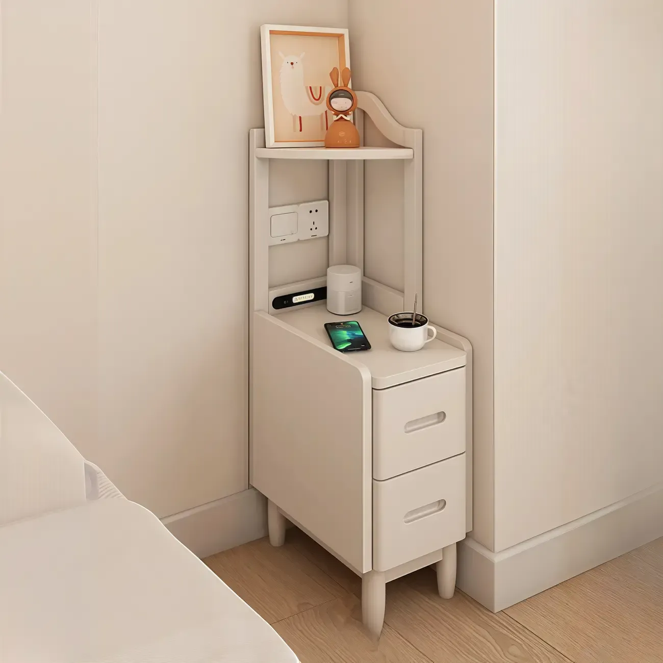 Narrow Tall Brown Wood Corner Shelf Bedside Table with Drawer Image - 5