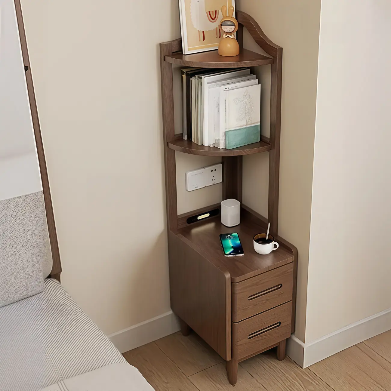 Narrow Tall Brown Wood Corner Shelf Bedside Table with Drawer Image - 15 | homeyfad