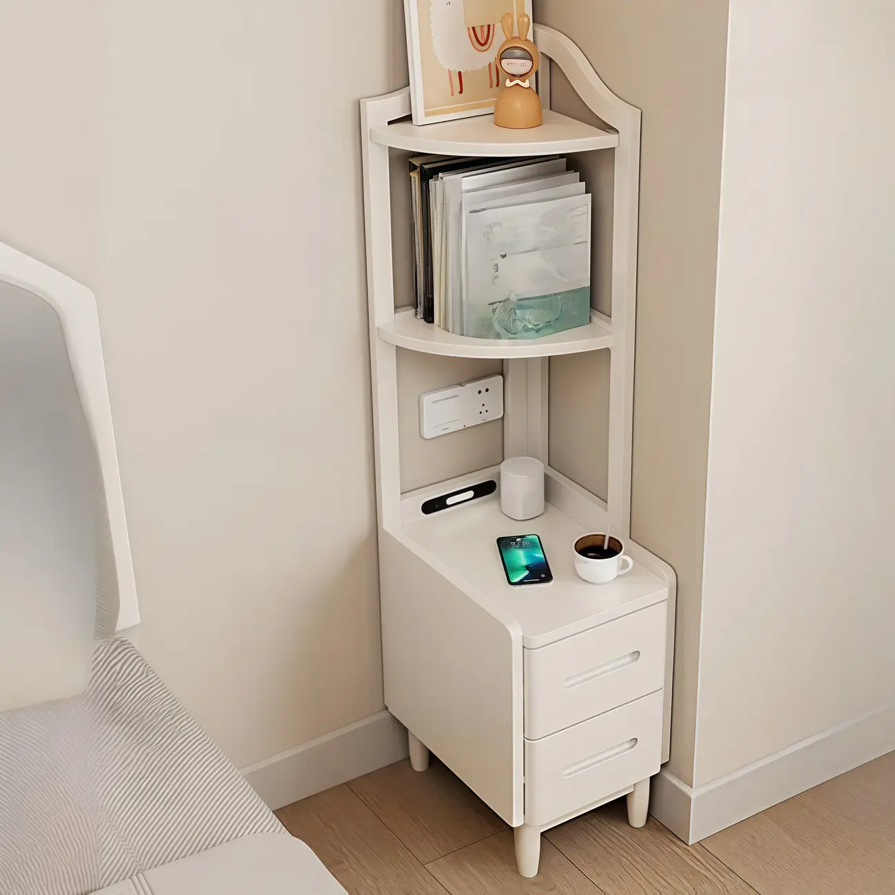 Narrow Tall Brown Wood Corner Shelf Bedside Table with Drawer Image - 6 | homeyfad