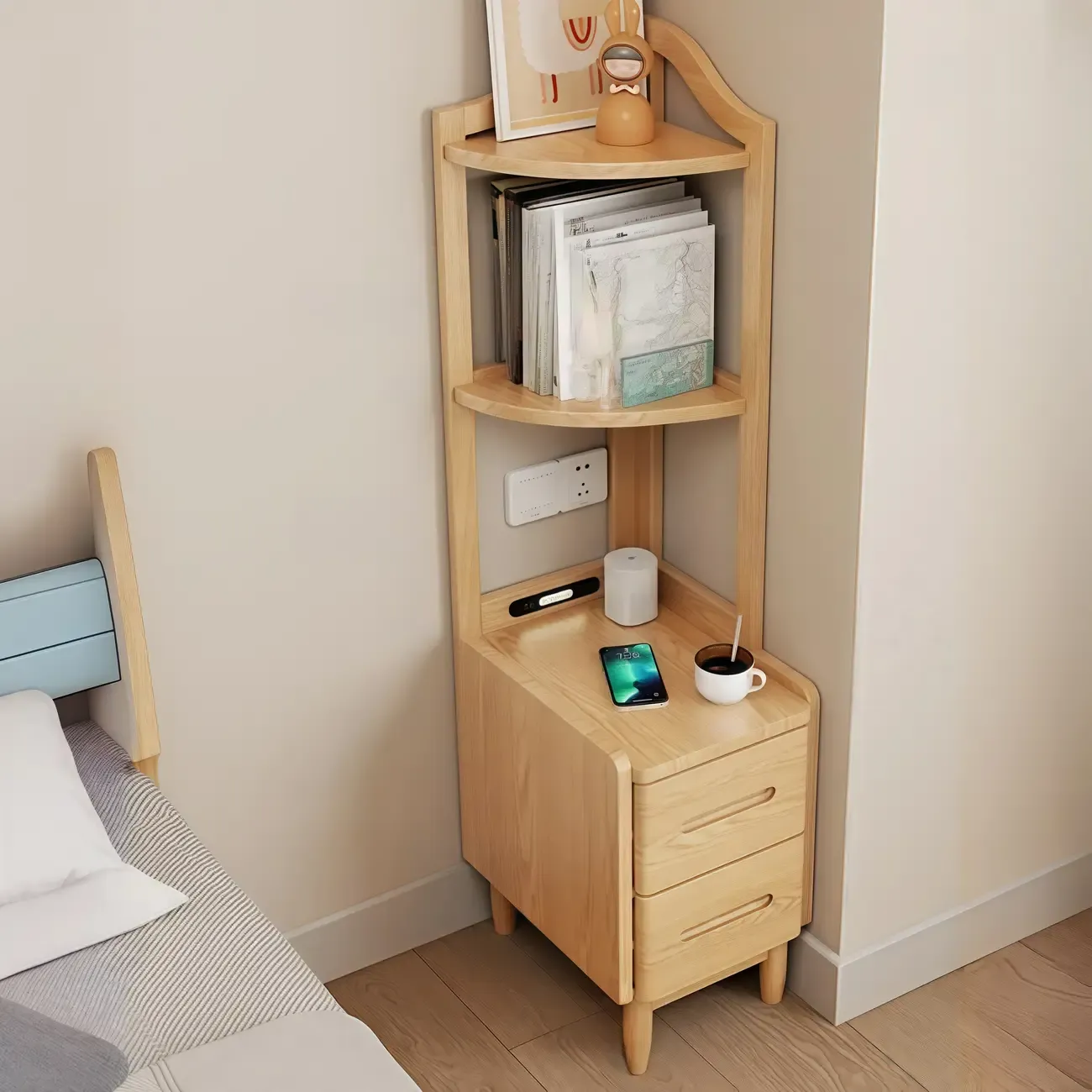 Narrow Tall Brown Wood Corner Shelf Bedside Table with Drawer Image - 8
