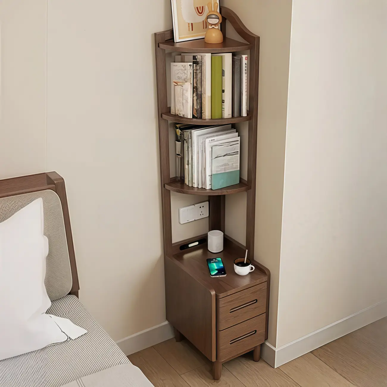 Narrow Tall Brown Wood Corner Shelf Bedside Table with Drawer Image - 16 | homeyfad