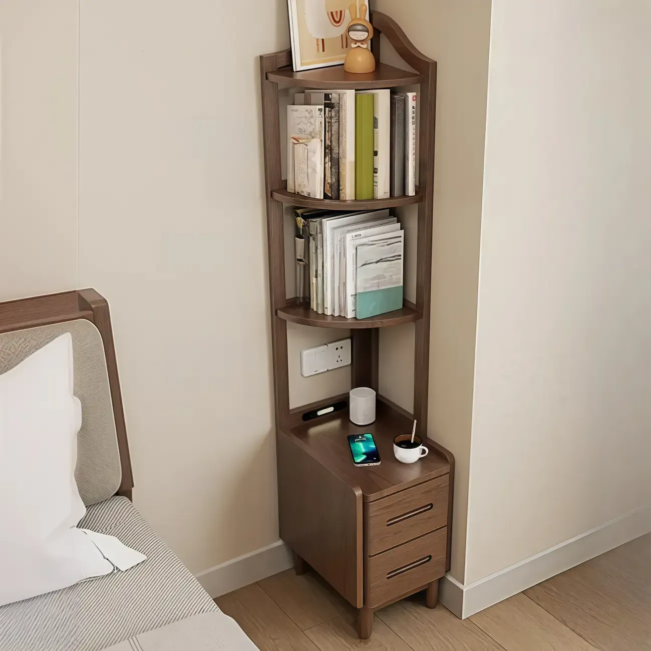 Narrow Tall Brown Wood Corner Shelf Bedside Table with Drawer Image - 16