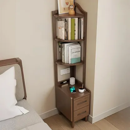 Narrow Tall Brown Wood Corner Shelf Bedside Table with Drawer Image - 16