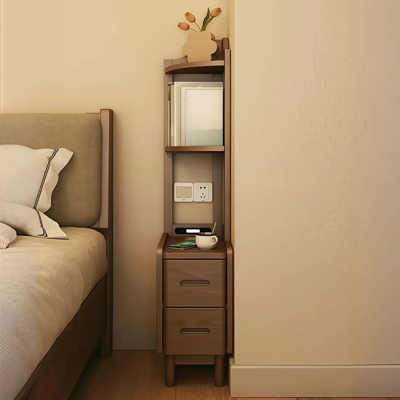 Narrow Tall Brown Wood Corner Shelf Bedside Table with Drawer Image - 4 | homeyfad