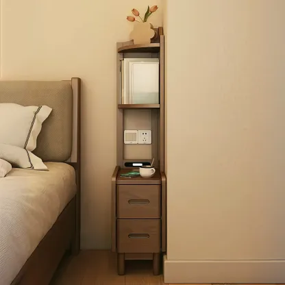 Narrow Tall Brown Wood Corner Shelf Bedside Table with Drawer Image - 4
