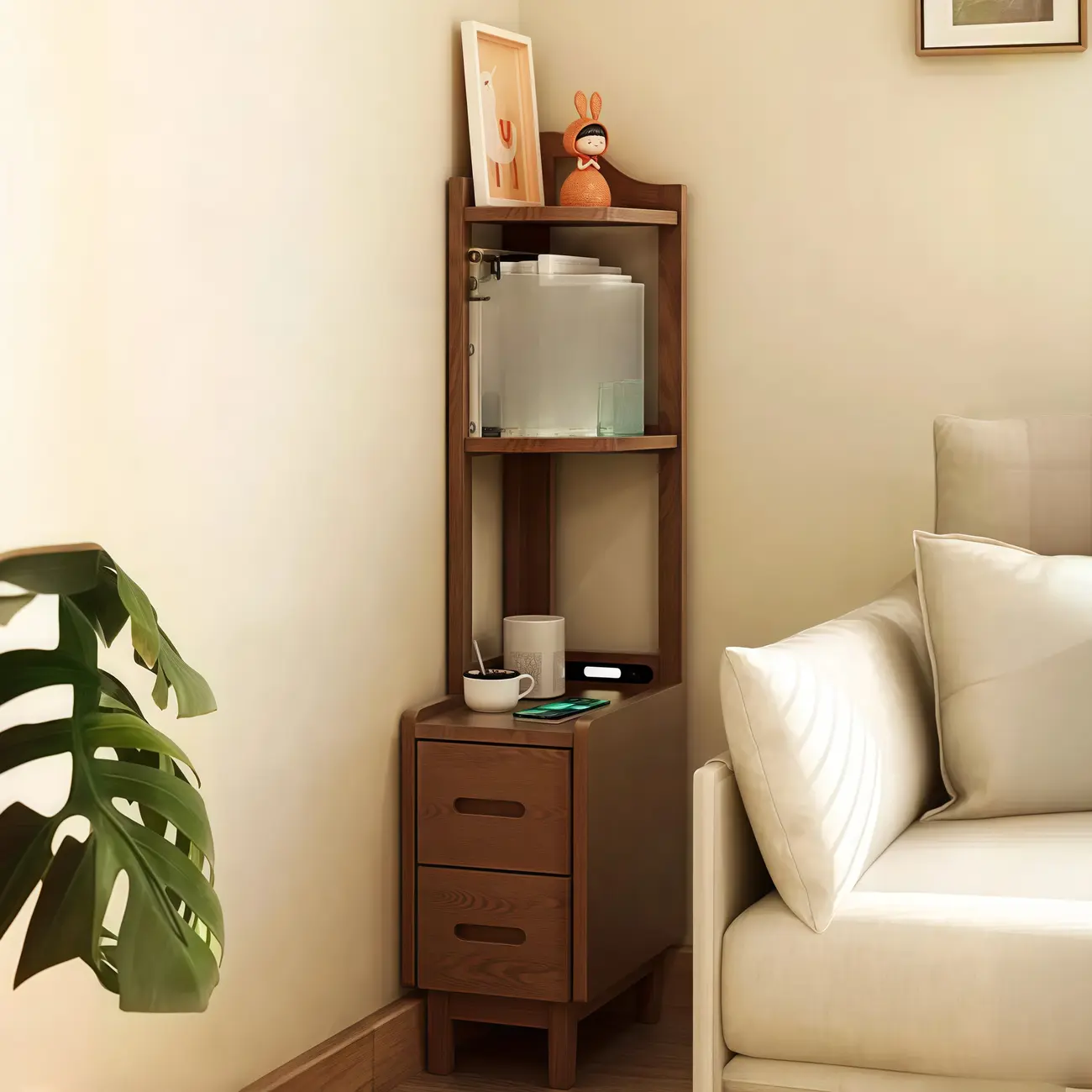 Narrow Tall Brown Wood Corner Shelf Bedside Table with Drawer Image - 13 | homeyfad