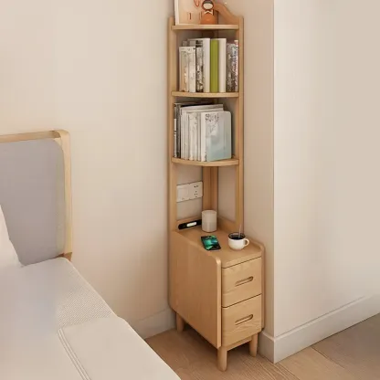 Narrow Tall Brown Wood Corner Shelf Bedside Table with Drawer Image - 3