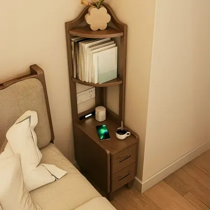 Narrow Tall Brown Wood Corner Shelf Bedside Table with Drawer Image - 19