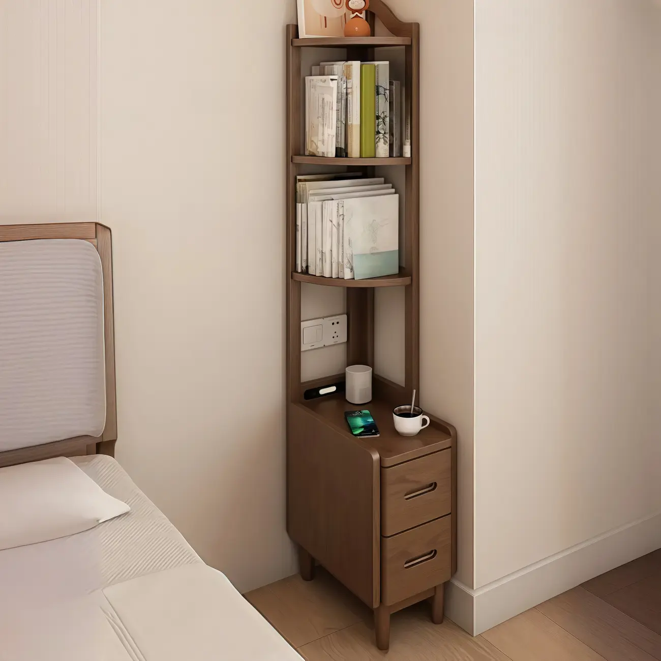 Narrow Tall Brown Wood Corner Shelf Bedside Table with Drawer Image - 2 | homeyfad