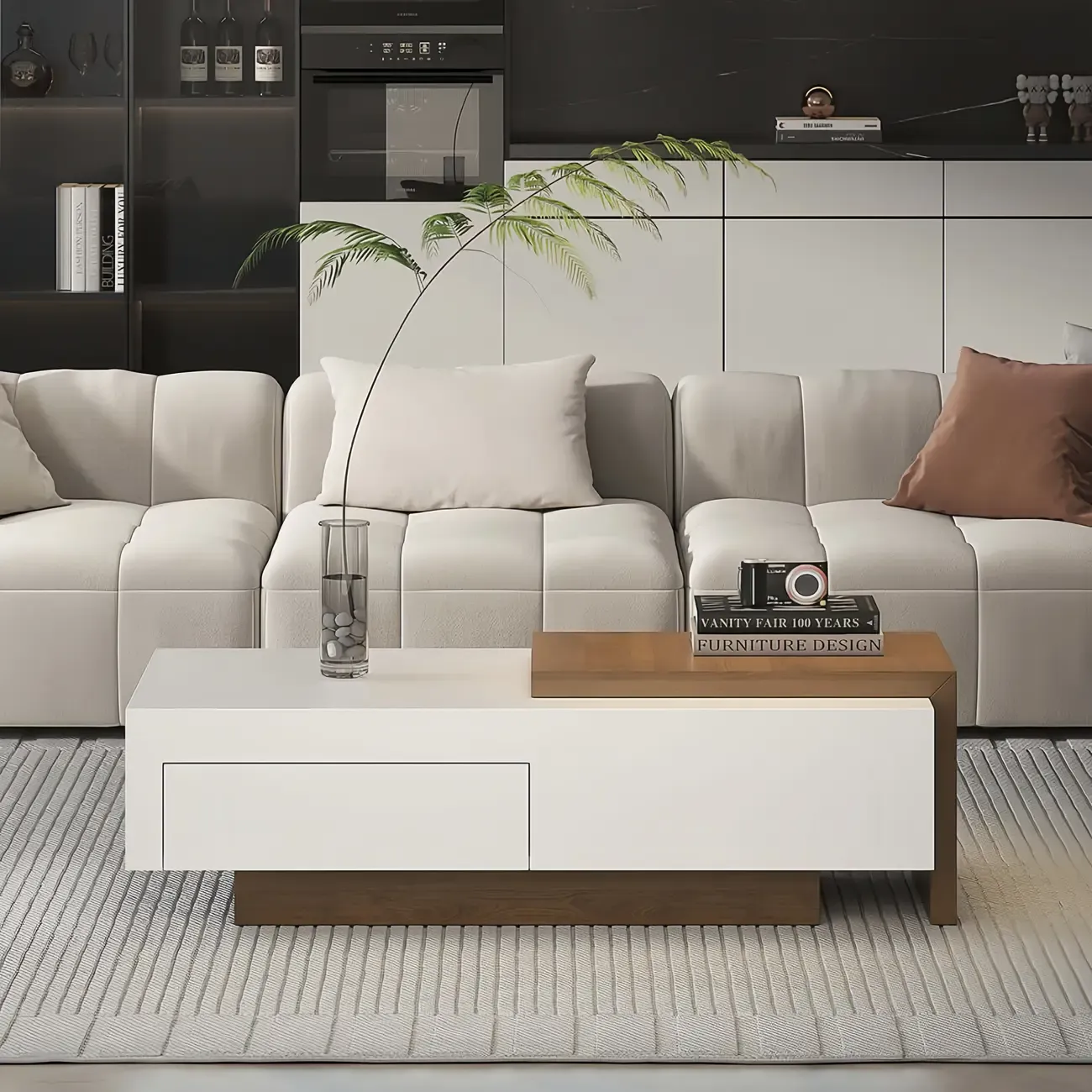 Large White-Walnut Wooden Coffee Table with Expandable Side Image - 2