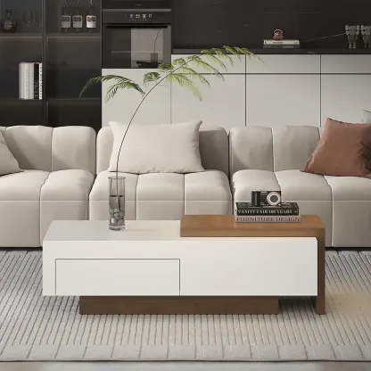 Large White-Walnut Wooden Coffee Table with Expandable Side Image - 2